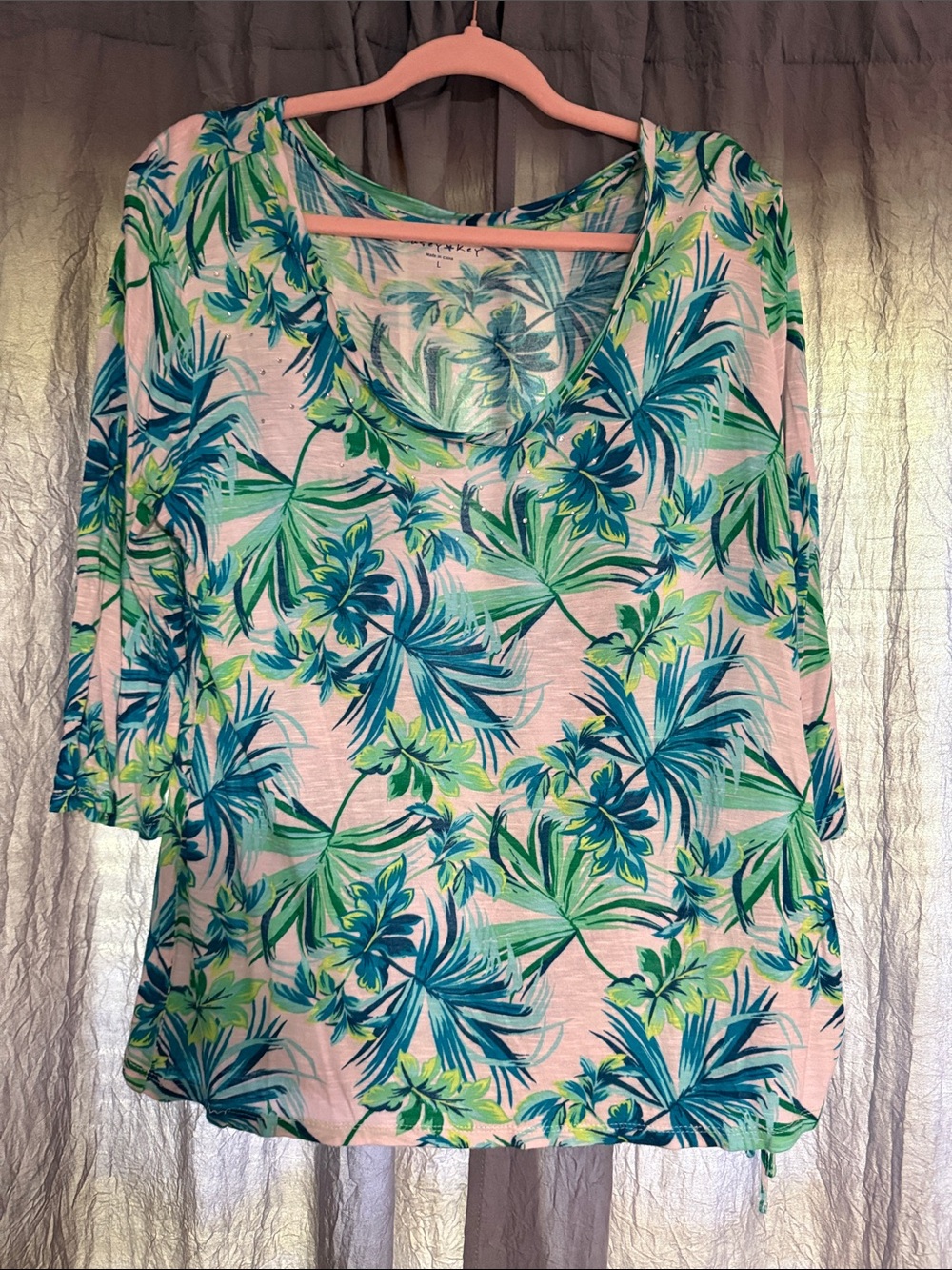 Tropical Leaf Print Scoop Neck Blouse - Blue & Green